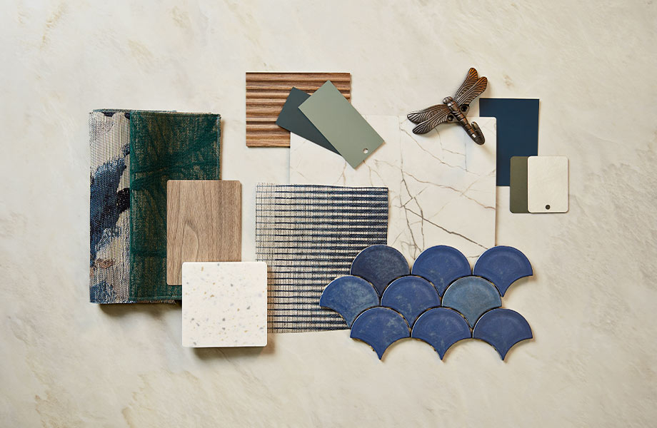 Design palette featuring blue, green, brown and cream colored samples of fabric, tile, and woodgrains from Formica Group, Arpa Industriale and FENIX Innovative Materials  