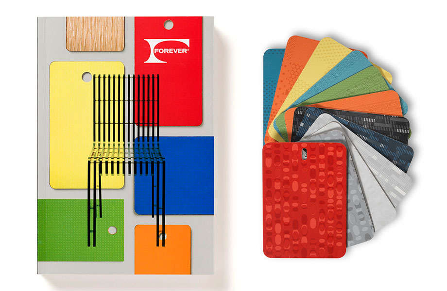 On left, a book cover with Formica Laminate sample chips in the background and a drawing of a chair in the foreground; on right, a colorful fan of Formica Laminate sample chips