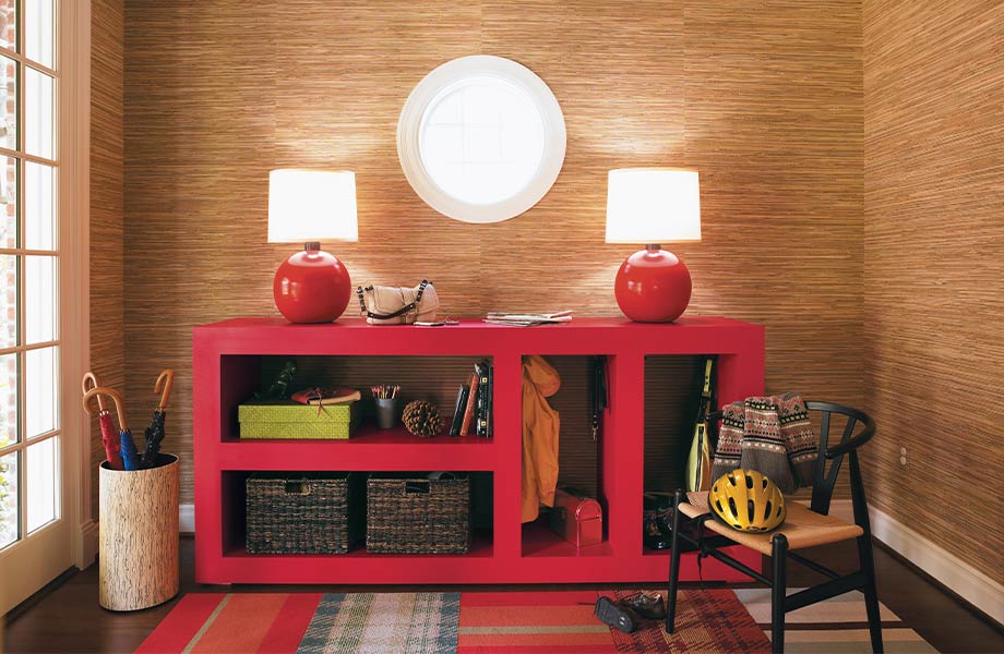 Bright red Mud room Shelf 
